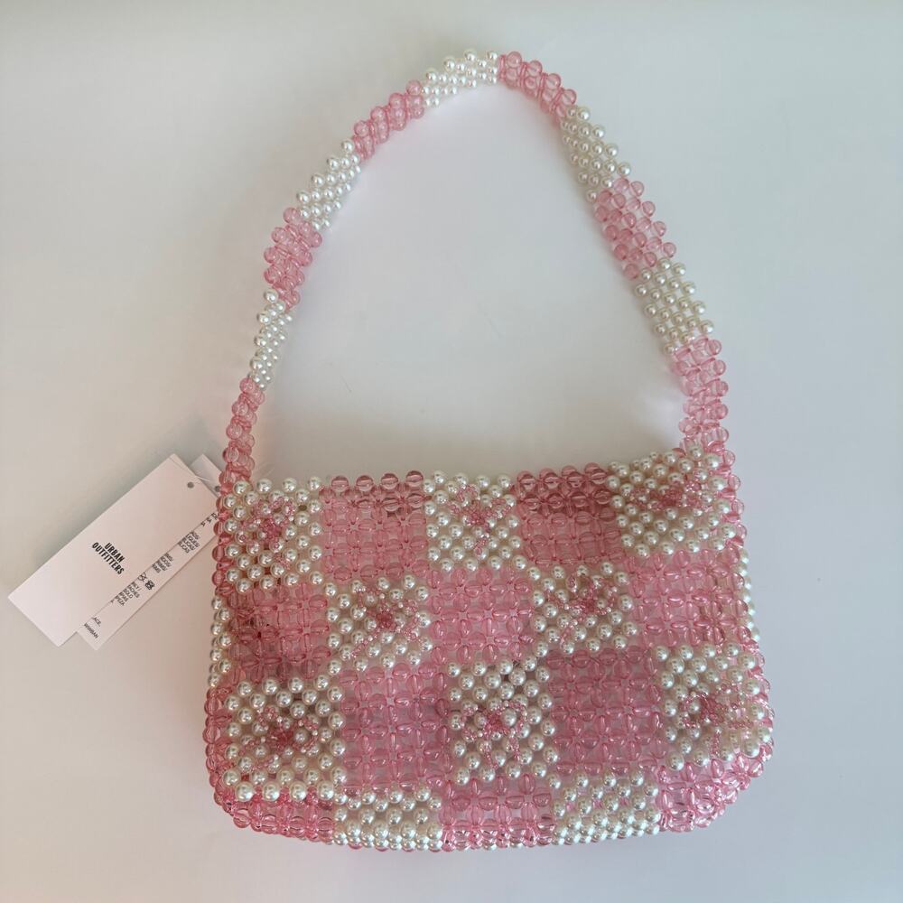 NWT Kimchi Blue Pink/White Beaded and Bows Gingham Checked Baguette Bag